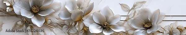 Fototapeta White background with silver and gold flowers