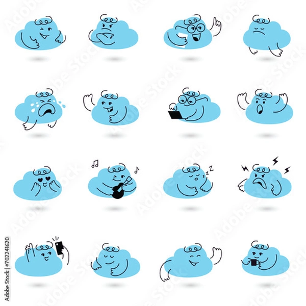 Fototapeta Cloud character emotions set. Vector cartoon mascot in different mood. Stickers with cute cloudy emojis. Isolated on white background.