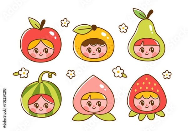 Obraz Fruits and berries with cute kids faces. Vector illustration of adorable girls dressed as watermelon, apple, peach, strawberry, pear and orange mascots. Hand drawn characters in cartoon style.