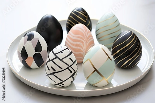 Fototapeta Exquisite chocolate Easter eggs, adorned with edible gold leaf and vibrant icing, elegantly presented on an ornate dessert stand for a festive celebration.