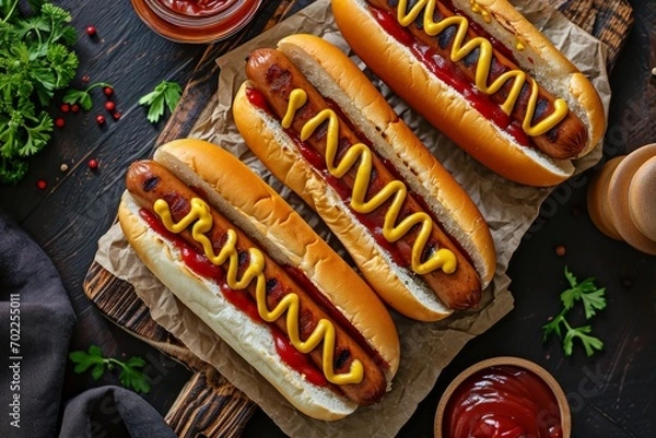 Fototapeta Barbecue grilled hot dog with sausage and yellow mustard with ketchup