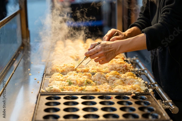 Obraz 屋台で職人がたこ焼きを焼く写真
