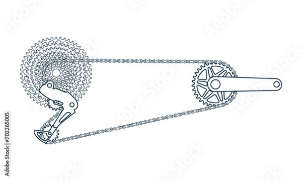 Obraz Bicycle crankset with speeds sprocket in outline. Bike gear. Chainring, cranks, cassette, chain, rear derailleur. Line vector illustration