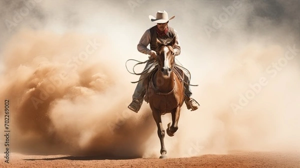 Obraz A man riding a horse wearing a cowboy hat in the dust of the prairie.