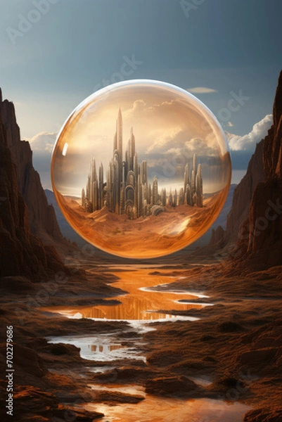 Obraz dreamy landscape with a futuristic city in a glass sphere