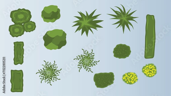 Obraz illustration flat cartoon top view of tree and bushes