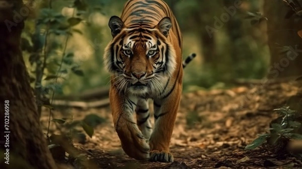 Fototapeta slow motion of bengal tiger walking in the forest.Generative AI