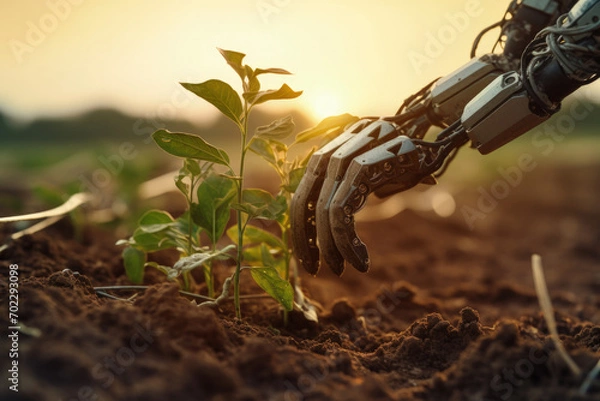 Obraz android robot hands planting seeds in soil