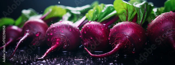 Fototapeta close-up of red beets in water drops