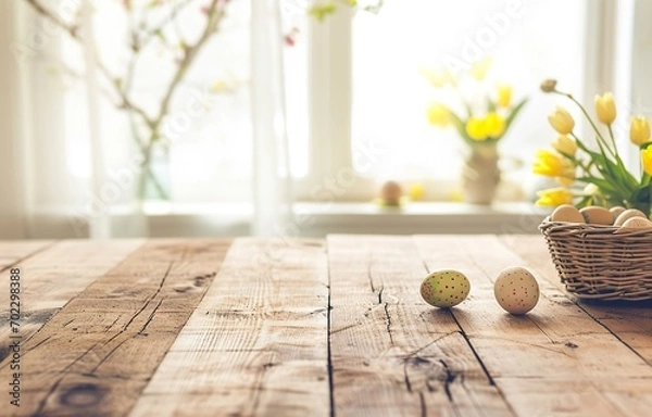 Fototapeta Perspective of table in light colored wooden, some eggs laying on the table surface, blurred background of kitchen or dining room for easter card, celebration of holiday. Beautiful banner.