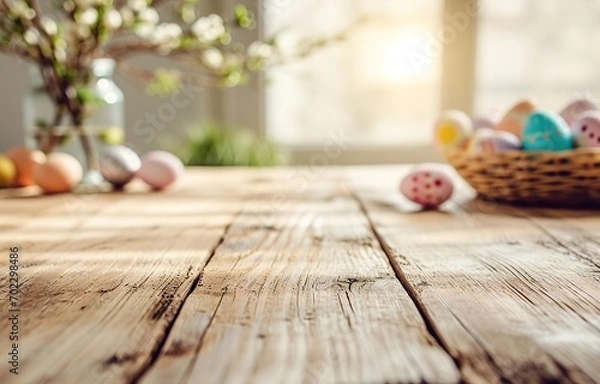 Fototapeta Perspective of table in light colored wooden, some eggs laying on the table surface, blurred background of kitchen or dining room for easter card, celebration of holiday. Beautiful banner.