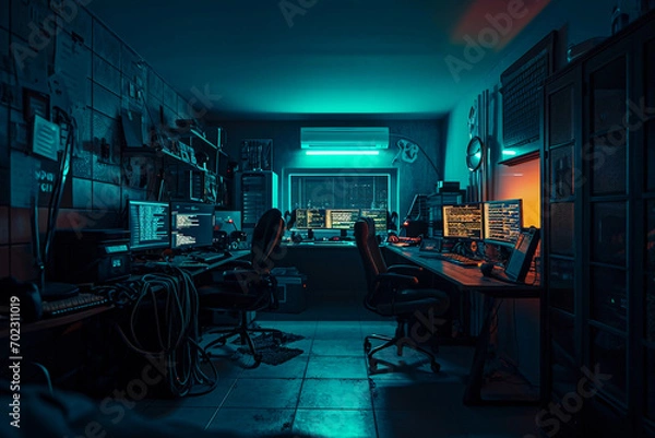 Fototapeta hacker's lair, dark room illuminated only by the glow of computer screens displaying code and hacking tools