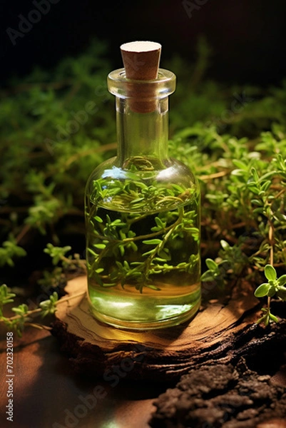 Obraz bottle, jar of thyme essential oil extract