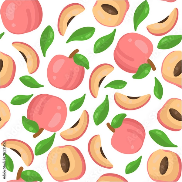 Fototapeta Seamless vector pattern with peach fruit and leaves