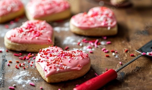 Fototapeta Valentine's Day heart-shaped cookies with sprinkles — Generative AI