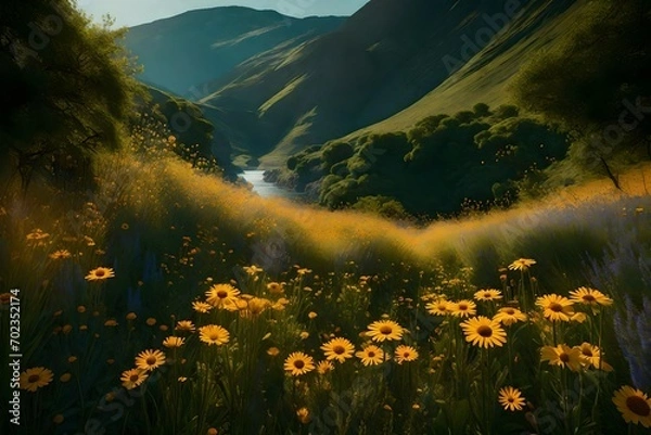 Fototapeta Transport yourself to a tranquil oasis with a nature background featuring an array of wildflowers. Impeccable