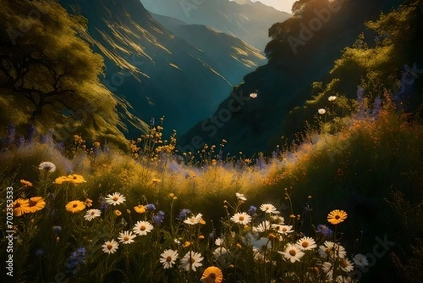 Obraz Immerse in the beauty of a nature background adorned with wildflowers, where perfect lighting captures the essence