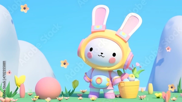 Fototapeta 3D anime kawaii astronaut easter bunny with cute basket with eggs in a sunny green park with clear blue sky