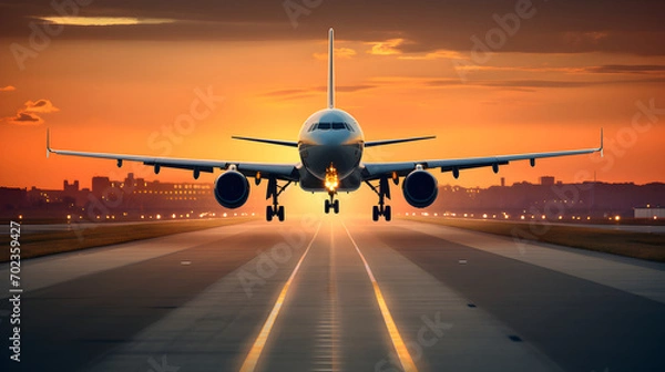 Fototapeta A large aircraft taking off from an airport runway at sunset or dawn with the landing gear down and the landing gear down, as the plane is about to take off