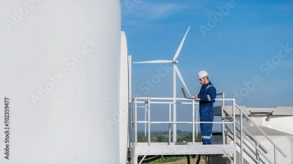 Fototapeta Two engineers working and holding the report at wind turbine farm Power Generator Station on mountain,Thailand people,Technician man and woman discuss about work