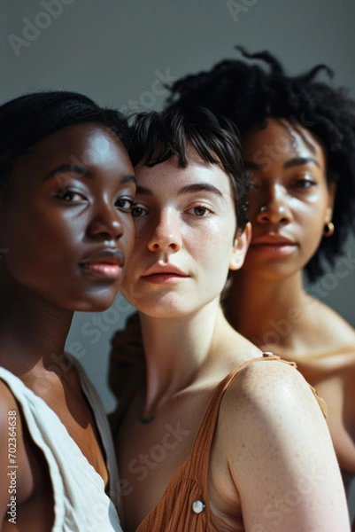 Fototapeta group of strong diverse confident women for empowerment feminism equality teamwork leadership poc with dark background studio light in magazine editorial look