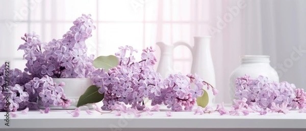 Fototapeta Banner with lilac branches on a glossy white table
