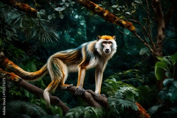 Obraz A Wolf's Mona Monkey, adorned with vibrant fur and captivating patterns, gracefully swings from branch to branch