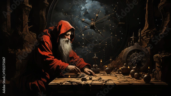 Fototapeta wizard, monk sitting at table