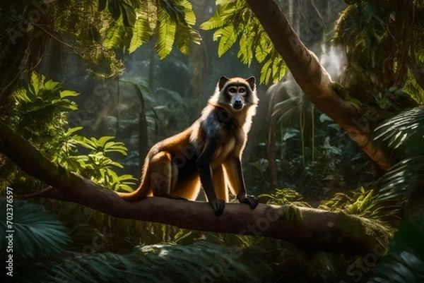 Fototapeta In a sunlit clearing of a dense rainforest, a Wolf's Mona Monkey captivates with its playful antics, the perfect lighting accentuating