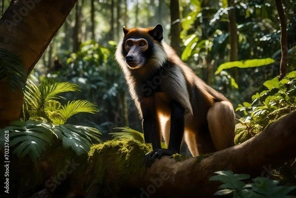 Obraz In a sunlit clearing of a dense rainforest, a Wolf's Mona Monkey captivates with its playful antics, the perfect lighting accentuating