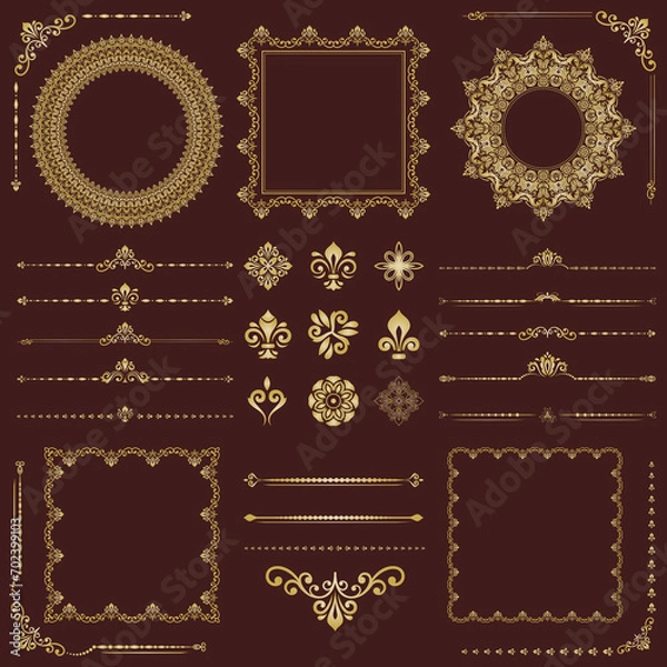 Obraz Vintage set of horizontal, square and round golden elements. Elements for backgrounds, frames and monograms. Classic patterns. Set of vintage patterns