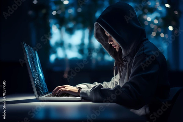 Fototapeta hacker hooded computer cracking digital code to hack into the mainframe of a network and disrupt systems to black mail, hold to ransom or take down companies, products or service