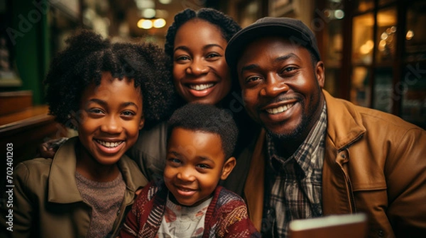 Fototapeta African american family, father and mother with two children close up portrait. Looking at camera. IA Generative
