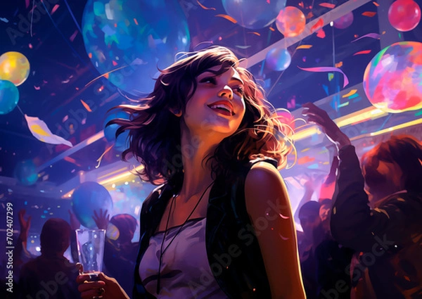 Obraz Young adult woman partying at a disco with confetti and lights