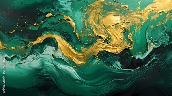 Fototapeta Liquid gold and emerald green waves swirling and splashing against a vibrant 3D canvas, creating a visually stunning abstract composition in high-definition.