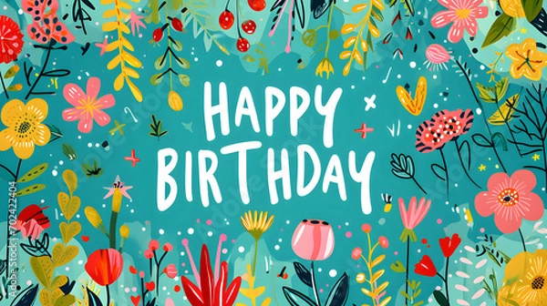 Fototapeta A whimsical bouquet of hand-painted flowers and leaves adorns this charming birthday card, bringing together elements of text, graphic design, and childlike artistry for a truly unique and heartfelt 