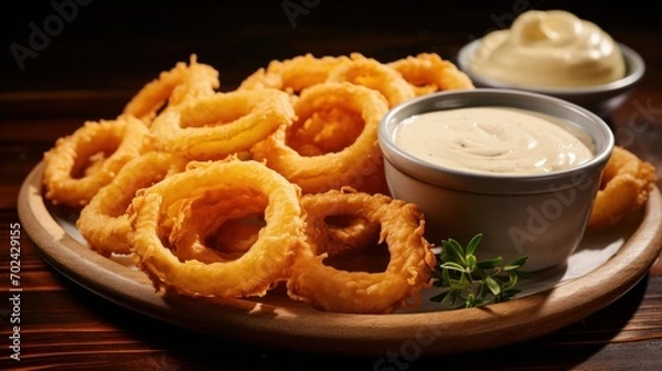 Fototapeta Greasy and crispy onion rings served with a creamy dipping sauce