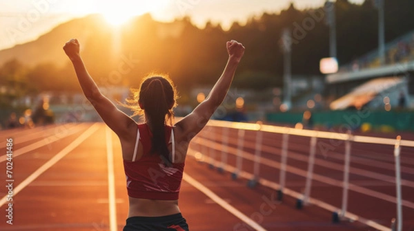 Fototapeta A female athlete celebrating a victory on the track field, confident women, blurred background, with copy space