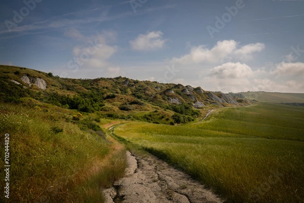 Fototapeta Bare hills of white clay in the Crete Senesi, Tuscany, Italy. A moonscape also called the Accona Desert, between the municipalities of Asciano, Buonconvento and Montalcino.