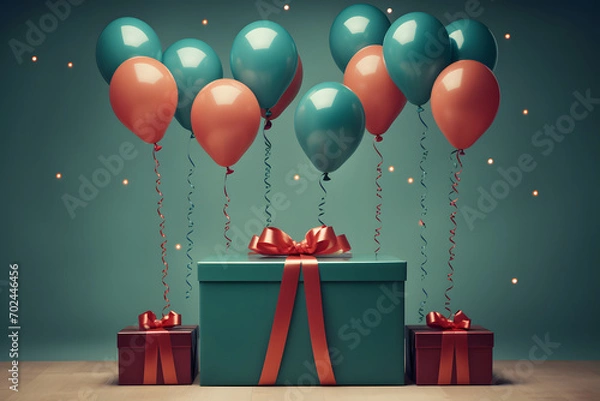 Fototapeta Red and Blue Balloons on Turquoise Backdrop with presents and Room for Text