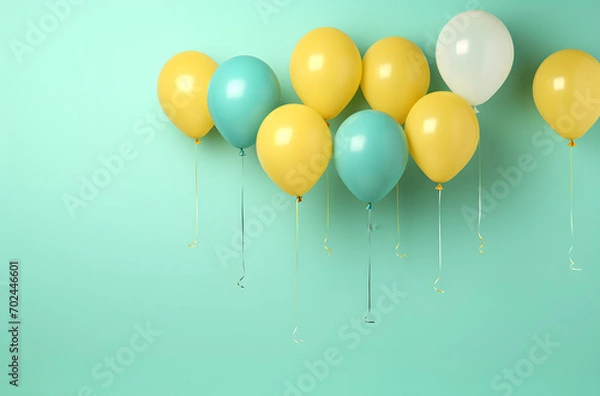 Fototapeta Balloons on Turquoise Canvas, Space for Text