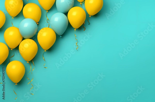Fototapeta Yellow and Turquoise Balloons and Turquoise Background with Text Space