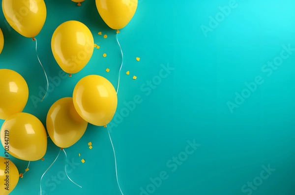 Fototapeta Yellow Party Balloons on a Vibrant Turquoise Backdrop with Room for Text