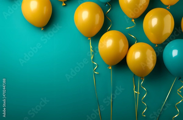 Fototapeta Joyful Yellow Balloons on a Blue-Green Background with Space for Text