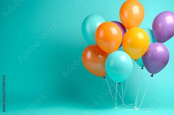 Fototapeta Orange Balloons on a Turquoise Background with Space for Message