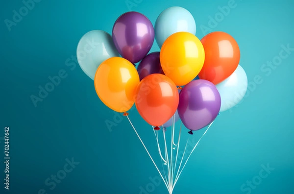 Fototapeta Colorful Balloon Array Against Turquoise Canvas with Copy Space