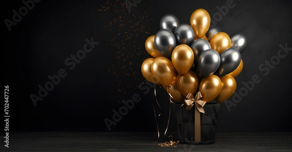 Fototapeta Golden and Black Balloons and a present on a Mysterious Dark Background with Text Space