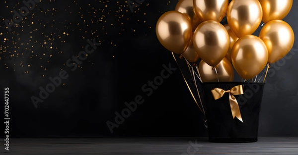 Fototapeta Gold Party Balloons on Dark Canvas with Text Area