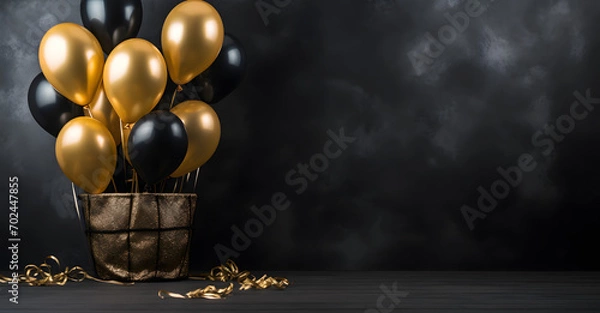 Fototapeta Sleek Black and Gold Party Balloons on Dark Canvas with Text Area