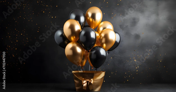 Fototapeta Luxurious Black and Golden Balloons on a Dark Background with Space for Message